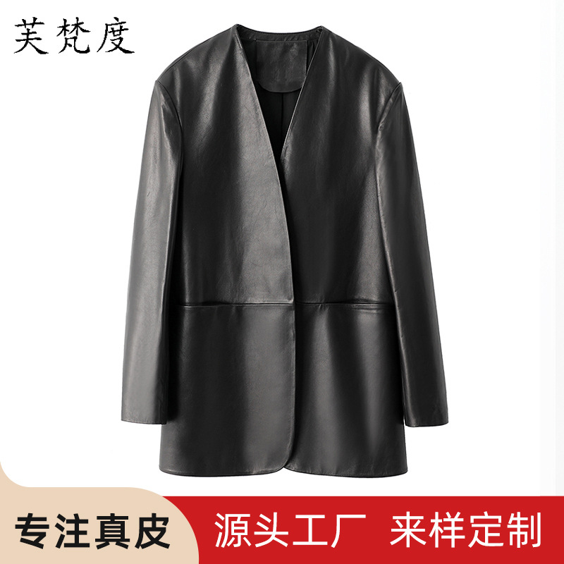 Haining 2026 New Spring and Autumn Women's Leather Jacket Korean Style V-Neck Sheepskin Suit Casual Light Oil Wax Wholesale