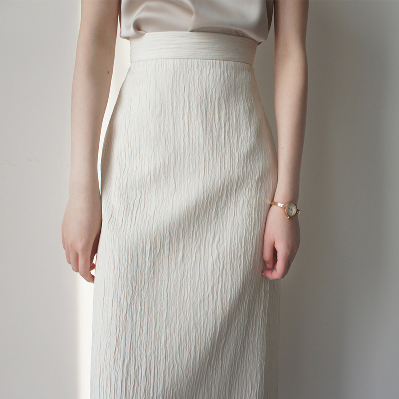 Summer French Style White Texture High Waist Skirt Women's High-end Split Pleated Skirt Slim-fit Hip Long Skirt