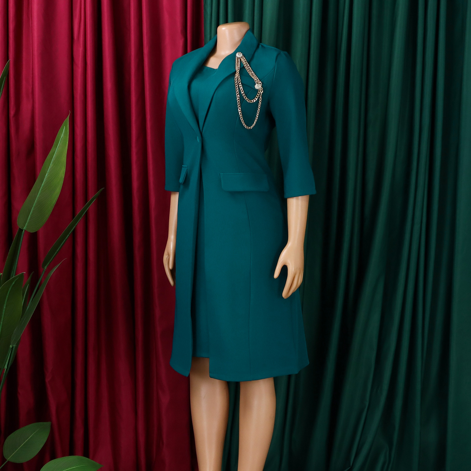 D610 European American Women's Elegant Stretch Slim Fit Solid Color Blazer And Camisole Dress Two-Piece African Fashion_ecoleips.com