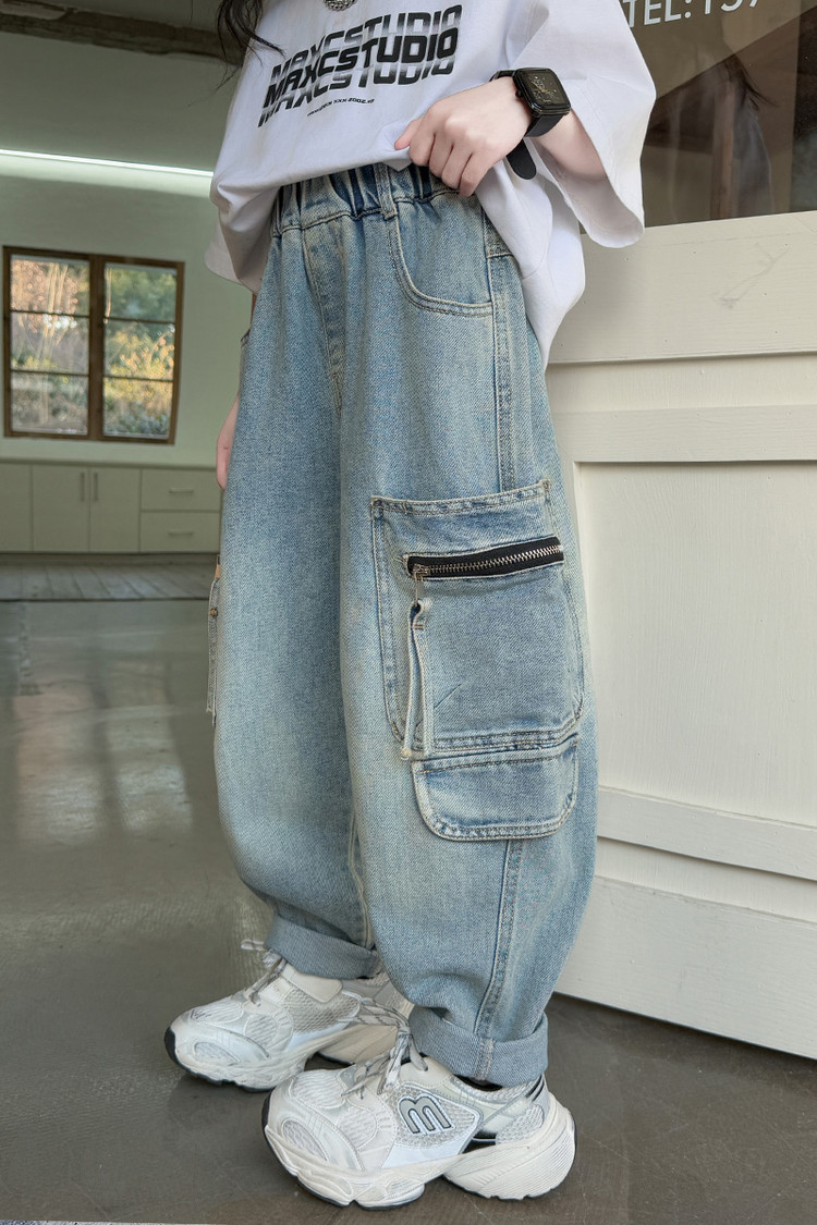 Dívčí široké džíny s kapsami a zipem modré ležérní styl_voghion.com