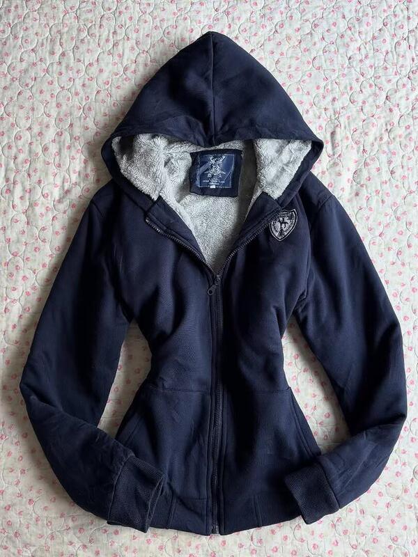 American retro style dark blue fleece-lined zip-up hoodie, autumn and winter thickened short slim-fit jacket American retro style dark blue fleece-lined zip-up hoodie, autumn and winter thickened short slim-fit jacket
