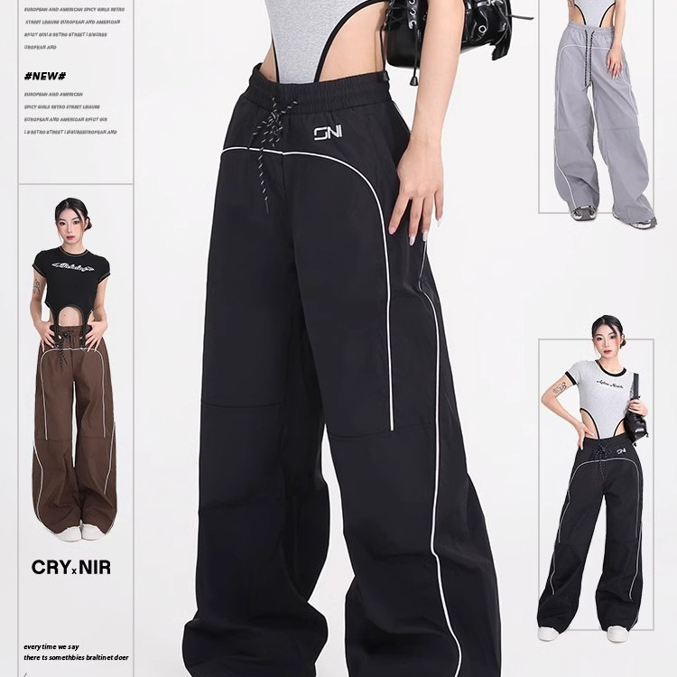 Pantalones deportivos casuales de pierna ancha americana 2025 nuevos pantalones de trapeador sueltos con cordón retro