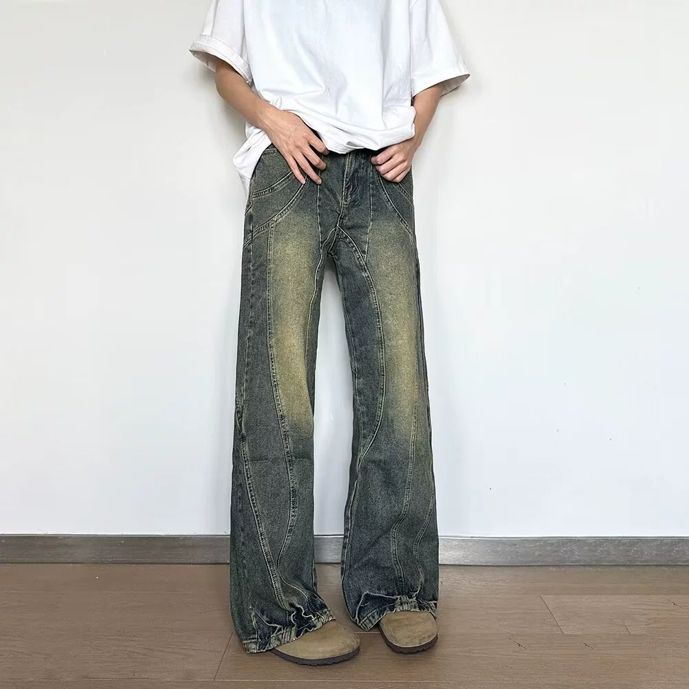 Американские высокие улицы vibe свободные прямые джинсы для мужчин и женщин ретро нишевые дизайнерские чувства старые широкие брюки
