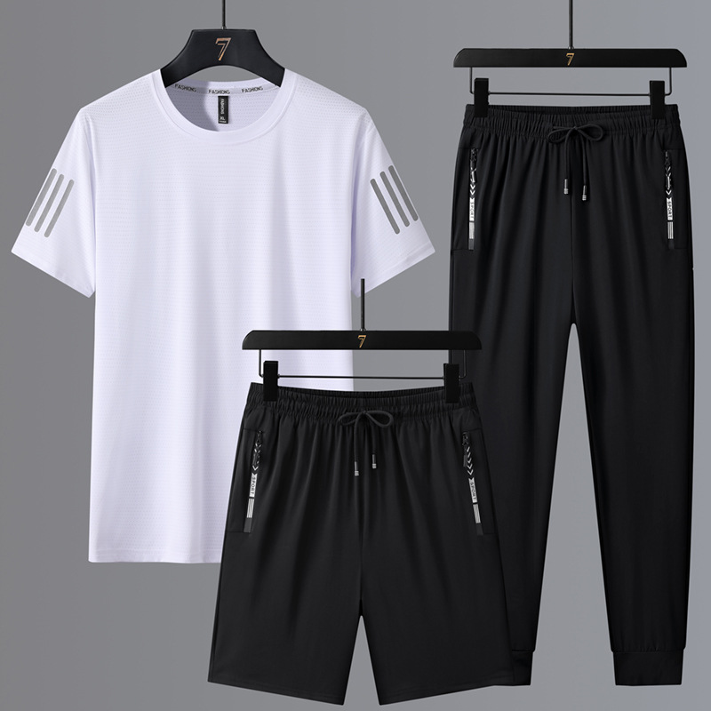 Traje de ocio deportivo de seda de hielo de talla grande para hombre de verano camiseta de cuello redondo pantalones sueltos de manga corta de secado rápido tres piezas