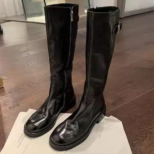 Grape Mom Studiolee London after the Rain Full Leather Chunky Heel Thick-Soled High-Top Riding Boots for Women, Non-Slip and Wear-Resistant