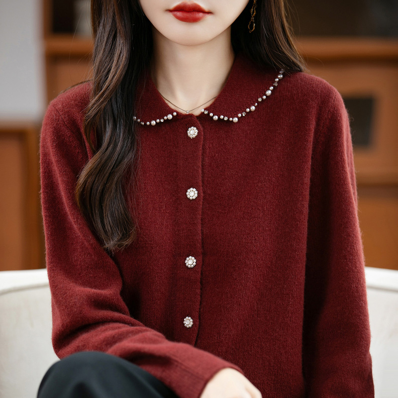 2026 Autumn and Winter New Pure Wool Polo Collar Knitted Cardigan for Women, Short Coat with Turn-Down Collar Sweater Top