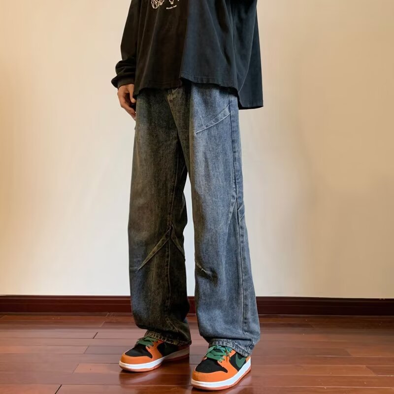 Elastic Waist Wide-Leg Jeans for Men, Loose Straight-Leg New American High Street Style Men's Pants, Summer Cargo Pants