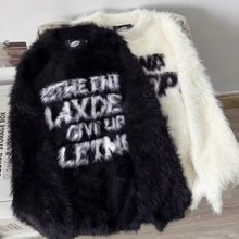 原创美式圆领字母毛衣秋冬情侣款宽松复古慵懒风百搭上衣黑色杏色