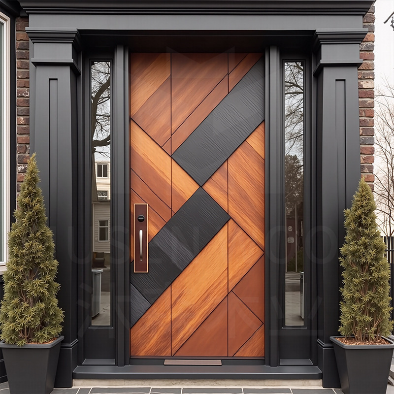 Customized Entrance Door Processing Factory Anti-Theft Solid Wood Door Light Luxury Deep Carving Craft Wood Light Luxury Hotel Sapele