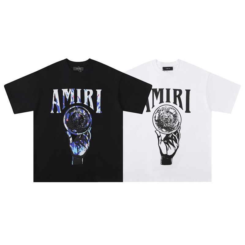 (High Weight 260 Grams) American Trendy Brand Amiri Classic Letter Logo Printed Short-Sleeved T-Shirt for Men and Women Couple t
