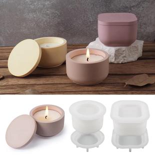 Geometric Candle Cup with Lid Silicone Mold DIY Plaster Cement Aromatherapy Container Ornaments Glue Storage Box