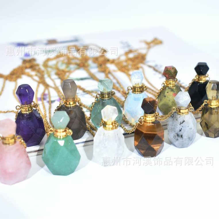 源头工厂直销精油瓶 菱形刻面天然石香薰吊坠 粉水晶玉石香水瓶