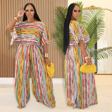 C7467跨境速卖通亚马逊欧美时尚女装时尚休闲条纹上衣长裤两件套