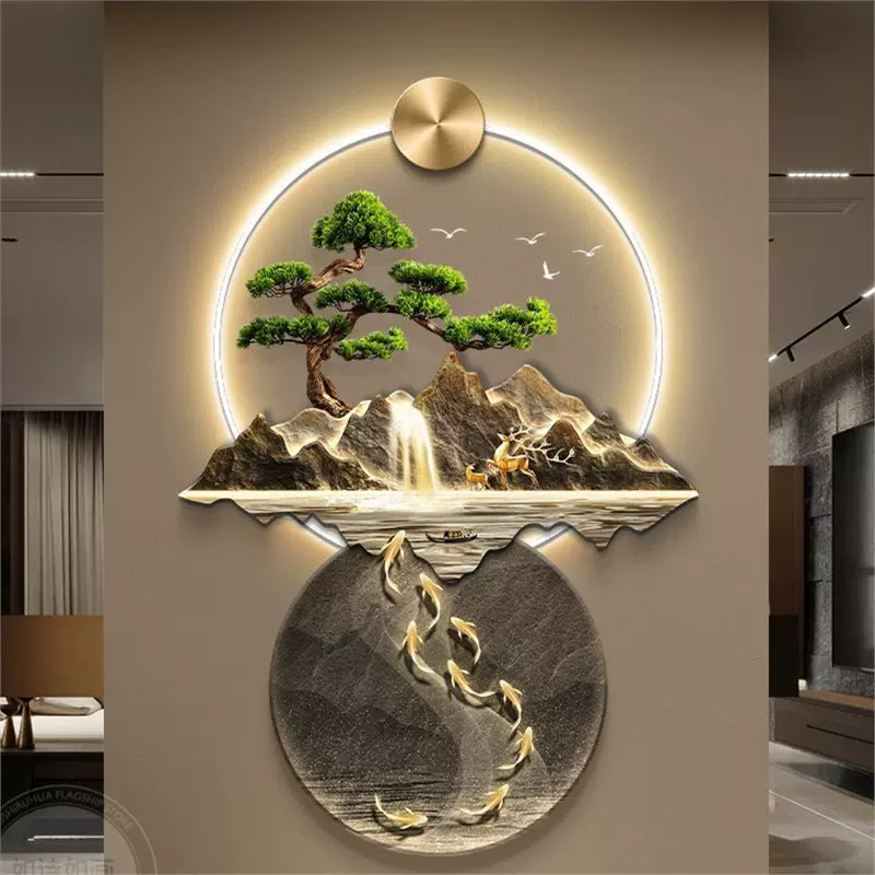 流水生财新中式玄关装饰画大气山水走廊过道挂画入户正对门壁画灯