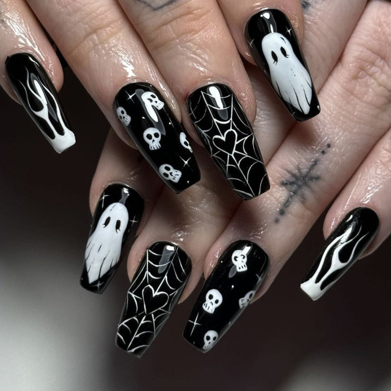 Halloween Wear Armor Short T-shaped Black Spider Web Heart-shaped Ghost Head Fake Nail Removable Nail Art Halloween Wear Armor Short T-shaped Black Spider Web Heart-shaped Ghost Head Fake Nail Removable Nail Art