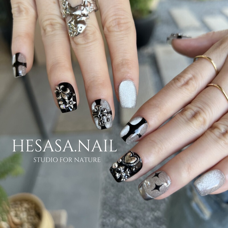 Sxrq | Classic Design Dark Style Short Manicure Silver Metal Trendy Cool Design Manicure Pure Handmade Wearable Manicure