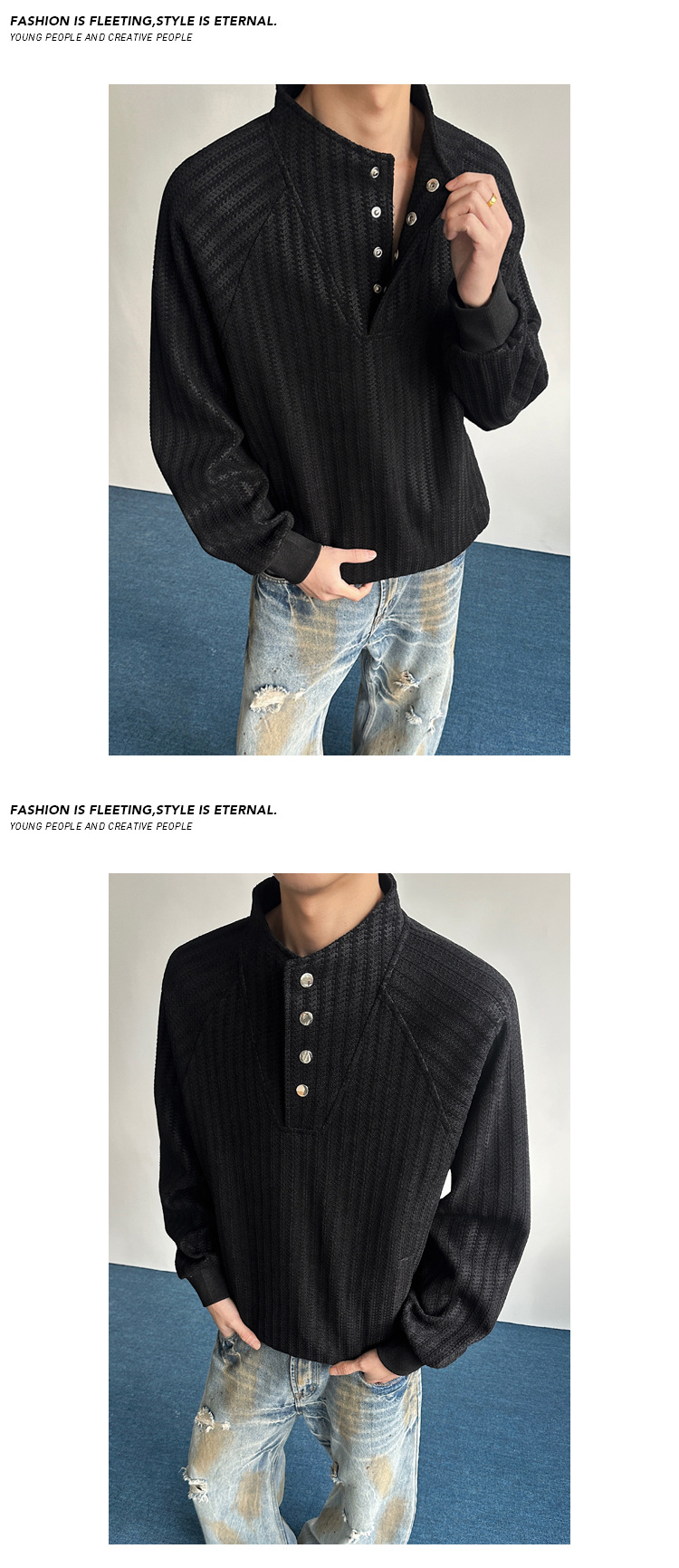 Unisex Fishbone Striped Henley Sweatshirt Autumn Designer Style_voghion.com