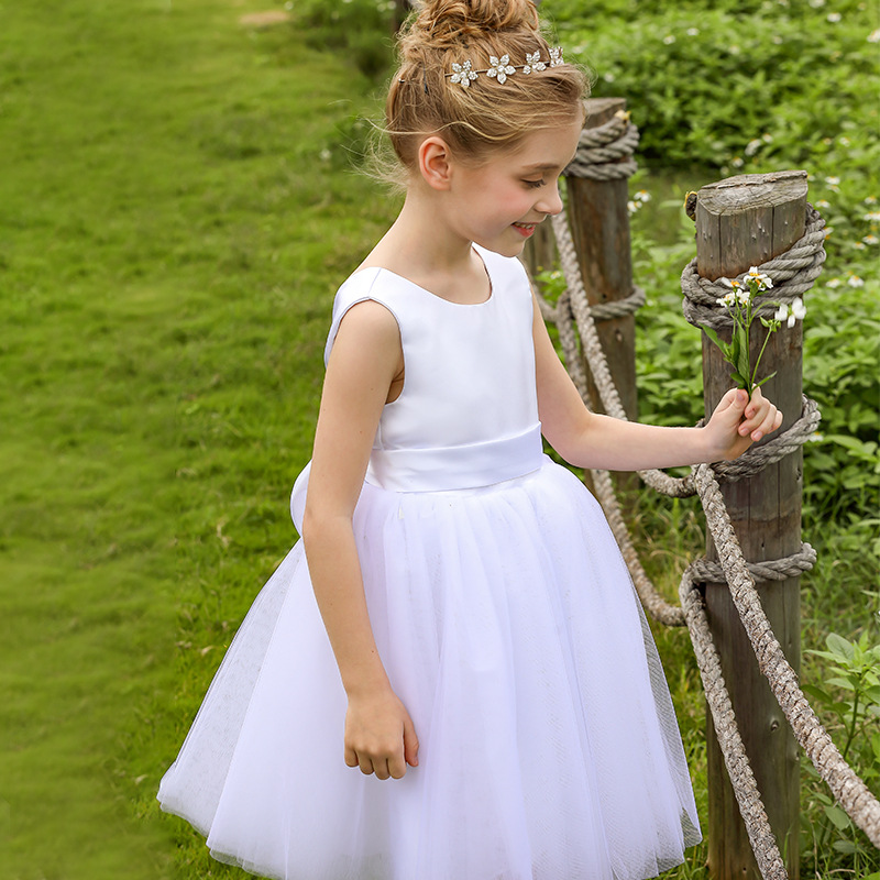 Nuevo europeo y americano transfronterizo vestido de novia de los niños sin mangas de satén arco de cumpleaños de las mujeres rendimiento mullido vestido midi