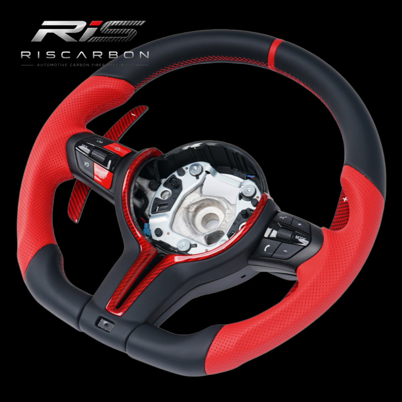 Red perforated leather grip red label steering wheel compatible with BMW F30F10F11F15F16F20F25F18F26
