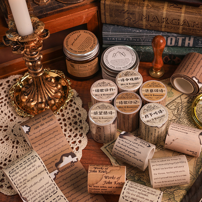 Romántico retrógrado Inglés escritura de mano paisaje y cinta adhesiva Diy Retrógrado Inglés escritura de mano pegatinas rollos