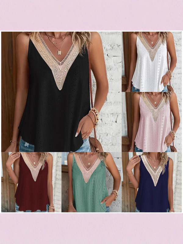 Amazon 2025 European and American Cross-Border Export Summer Pure Color Loose V Neck Lace T-Shirt Pullover Sleeveless Top Vest Amazon 2025 European and American Cross-Border Export Summer Pure Color Loose V Neck Lace T-Shirt Pullover Sleeveless Top Vest