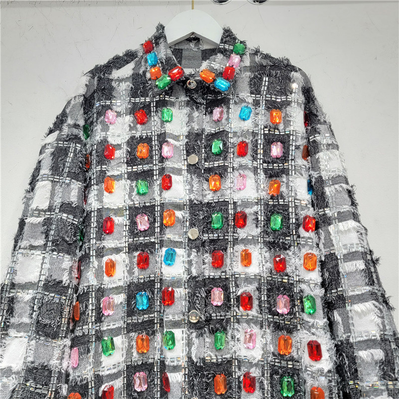 European Collection 2024 Spring New Style Elegant Women's Shirt With Heavy Beaded Rhinestone Embellishments And Plaid_ecoleips.com