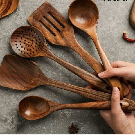 Teca madera antiadherente panela de cocina pala de madera mango largo pala de verduras hojas pequeñas acacia set de cocina herramientas de cocina
