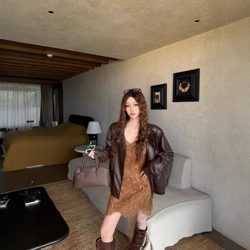 Maillard Leather Jacket Women's 2025 Autum New Sexy Design Loose Long-Sleeved Jacket Motorcycle Jacket Chic