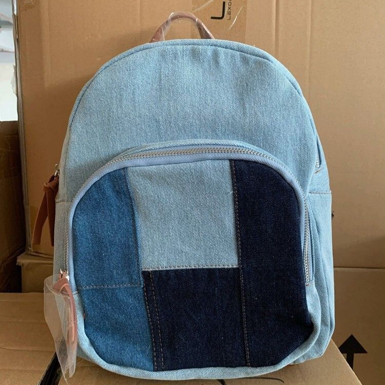 Export Order Is Cool! Denim Contrasting Color Backpack Backpack School Bag Student Large Capacity Korean Style Versatile Forest Style