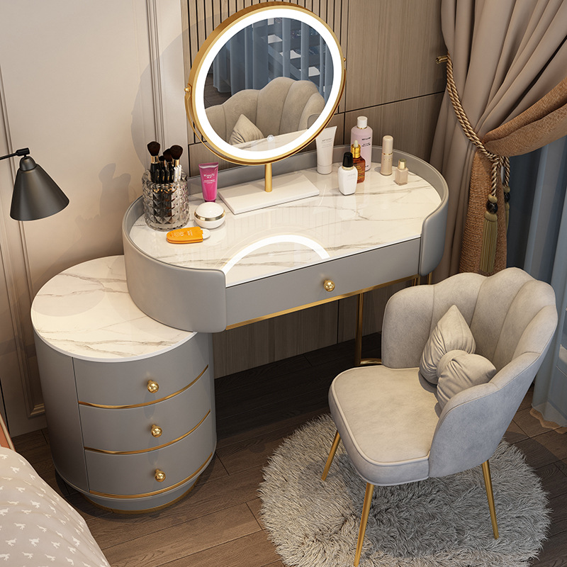 80 그레이 테이블 + 원형 캐비닛 + 거울 + 꽃잎 의자 그레이 TLMS - 원형 스타일