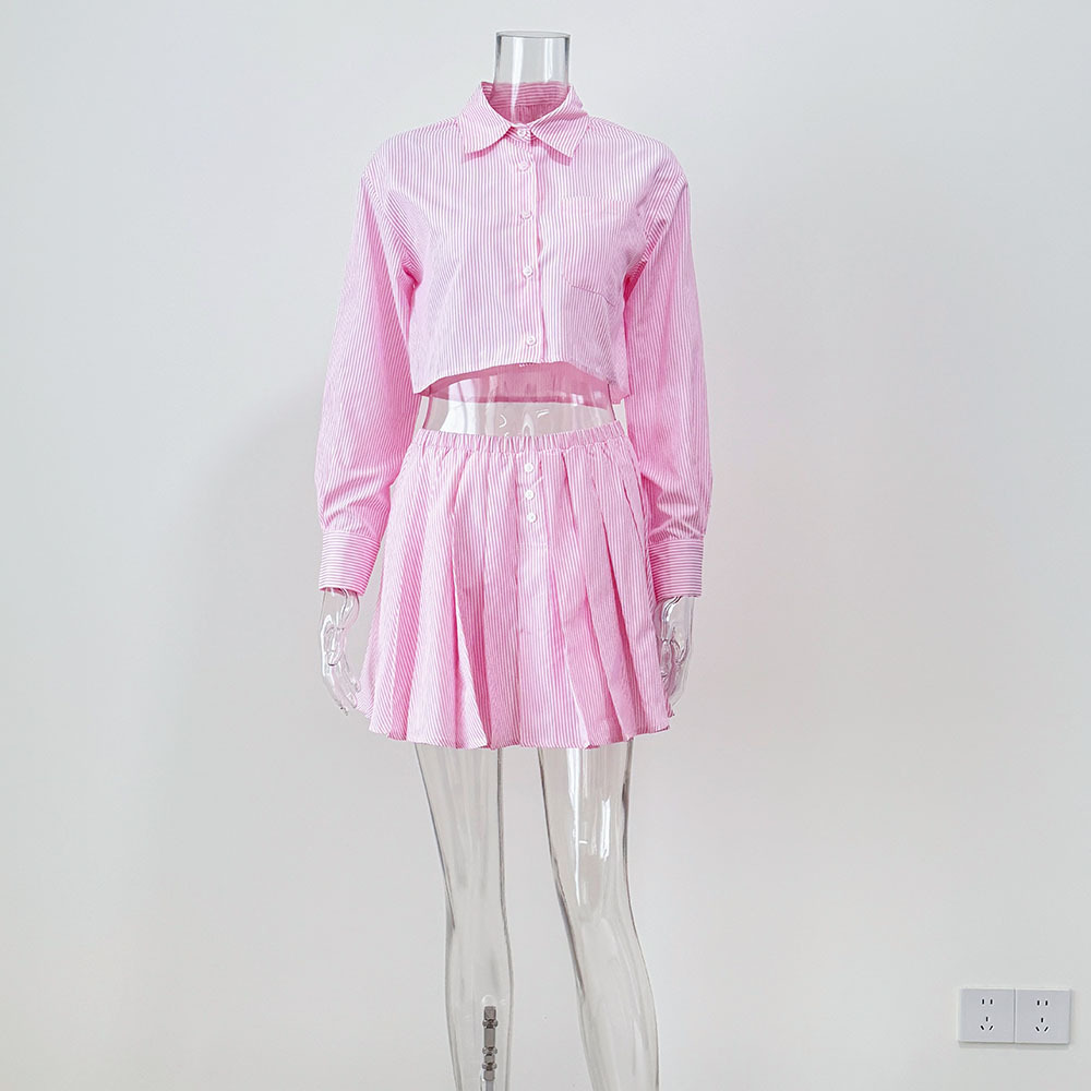 European And American Cross-Border Striped Long Sleeve Shirt Women's Tennis Fashion Casual Elastic Waist Pleated Short_ecoleips.com