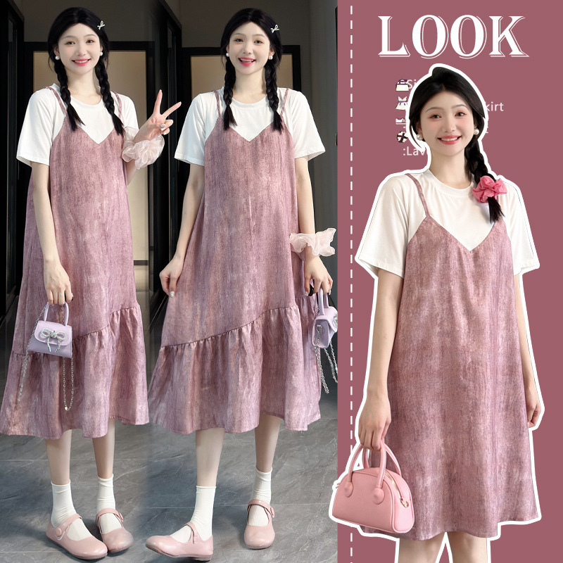 2025 New Summer Maternity Wear, Summer Dress, Fashionable Slimming Look Style, Fake Two-Piece Slimming Look Dress
