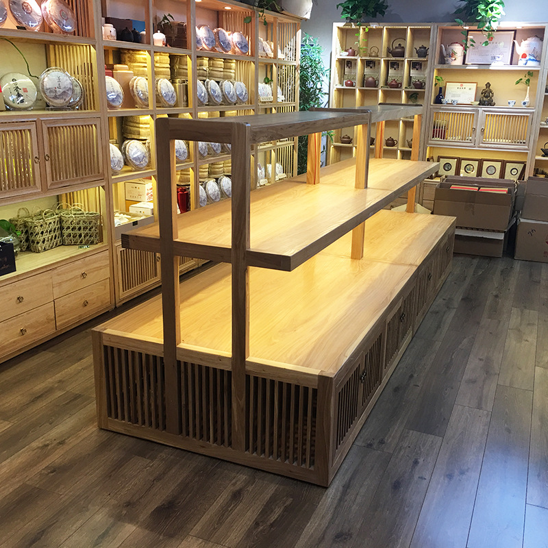 新中式实木茶叶茶具展示柜瓷器多层中岛柜多功能老榆木货架展柜
