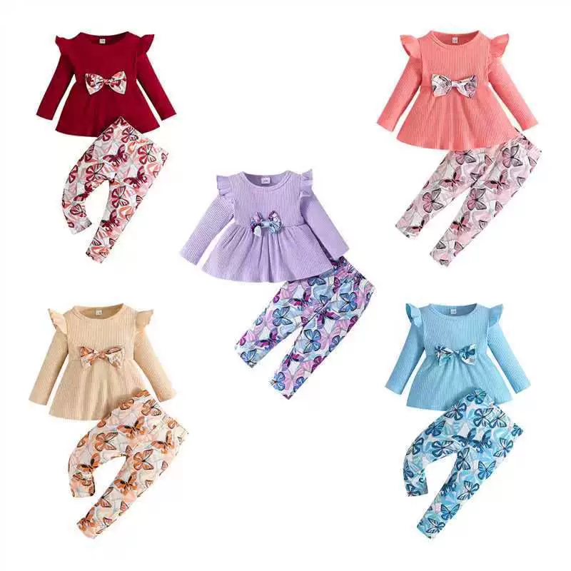 2023 весенне-осенний топ с длинными рукавами для маленьких девочек + брюки, комплект из двух предметов, повседневный комплект с брюками с принтом для младенцев