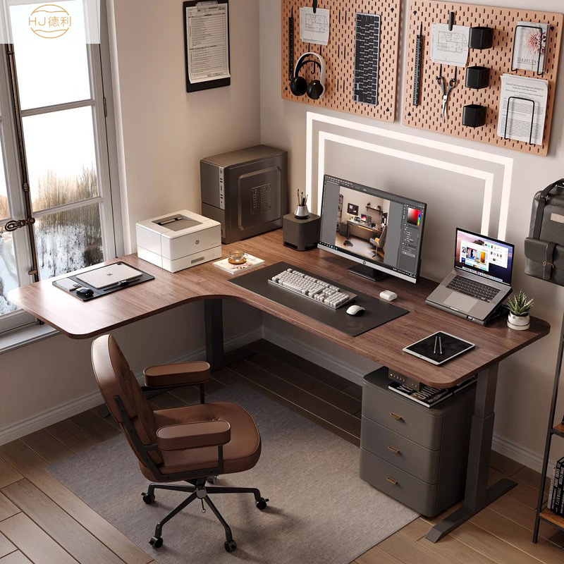 Electric Liftable Corner Desk Black Walnut Wood Solid Wood Intelligent Lifting Computer Desk Corner E-Sports Desk Office Desk