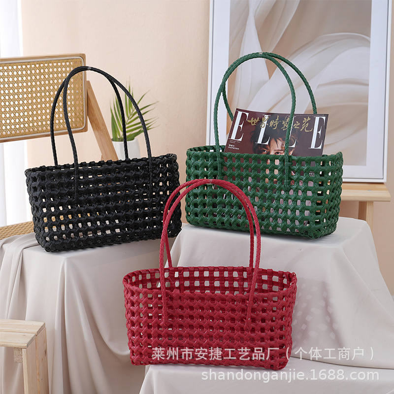Solid Color Square Hollow-Out Plastic Woven Handbag New Style Basket Summer Tote Holiday Beach Bag Versatile Bag