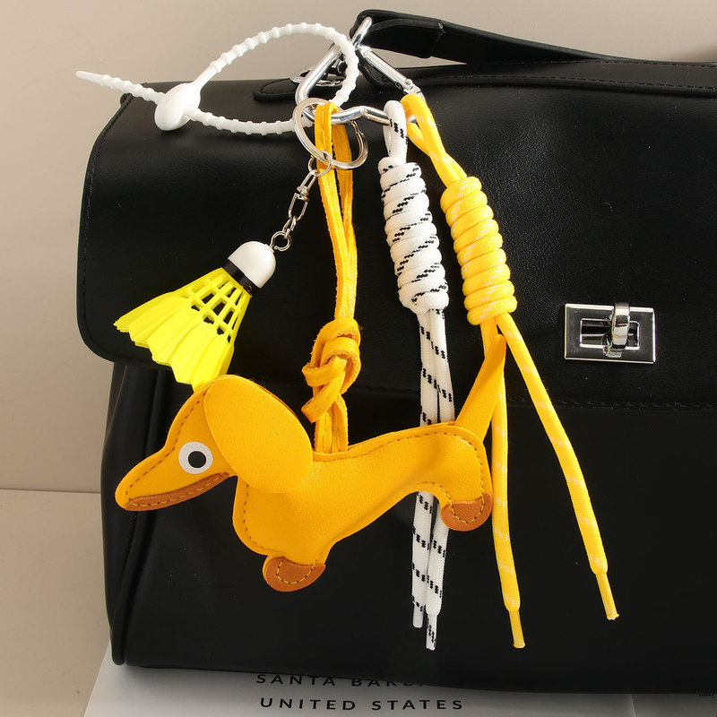 Ins Style Cute Leather Sausage Puppy Bag Pendant Keychain Miu Lanyard Badminton Woven Rope Pendant