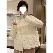 白色羽绒棉服女2023新款冬季新中式轻薄菱格盘扣绗缝国风短款外套