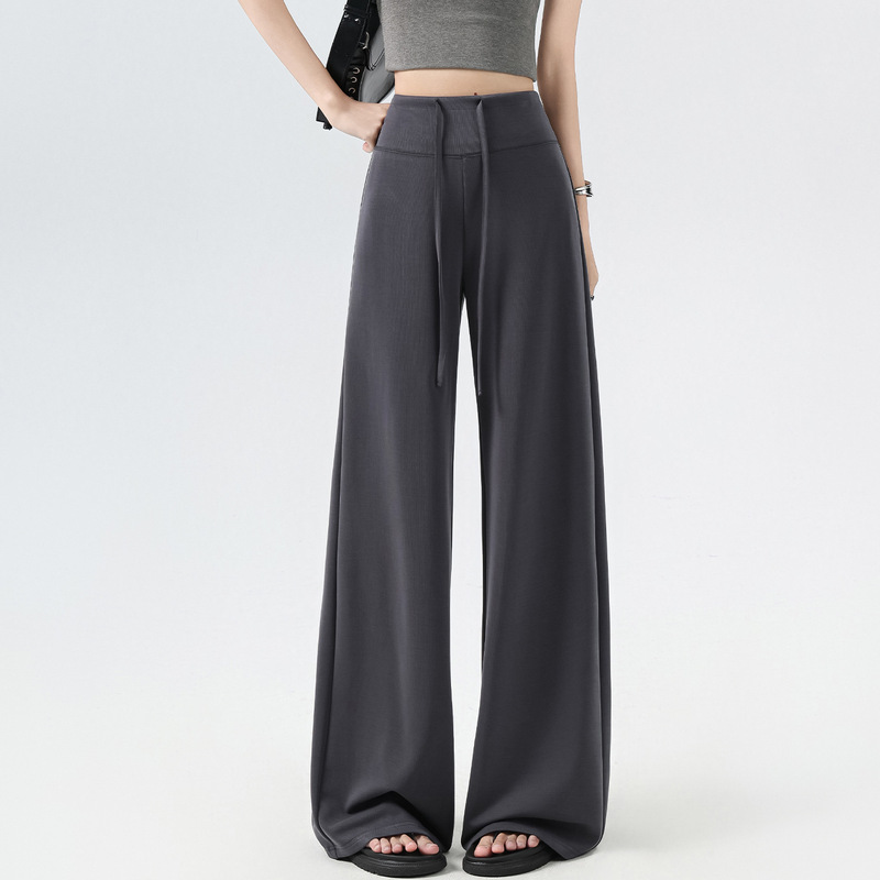 Dark Gray Casual Style Wide-Leg Pants for Women, Summer 2026 New Drawstring High-Waisted Drapey Slimming Casual Straight Pants