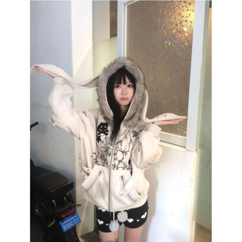 亚比兔耳连帽外套女秋冬季设计毛毛领宽松设计感小众加绒开衫上衣|undefined