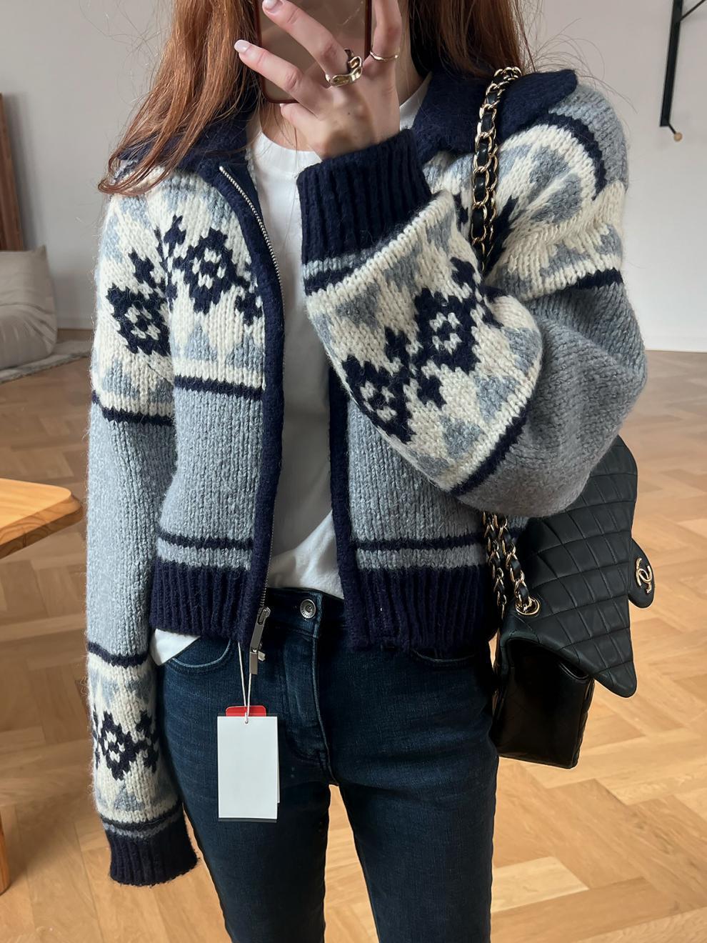 Suéter jacquard con cremallera de contraste de color para mujeres de Corea del Sur Dongdamen otoño y invierno nuevo estilo casual abrigo corto de viento para la moda image 4