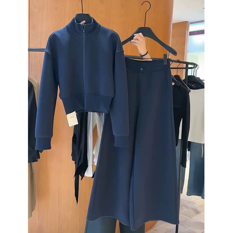 2025 Super Hot Outfit Set for Women, Autumn Blue Half Turtleneck Sports Sweatshirt Jacket, Casual Wide-Leg Pants Two-Piece Set