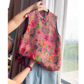 2026新款夏季新中式上衣红色碎花无袖衬衫女装高级感轻奢减龄洋气