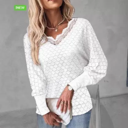 2025亚马逊速卖通热卖欧美外贸V领花边 蕾丝拼接灯笼袖衬衫女装