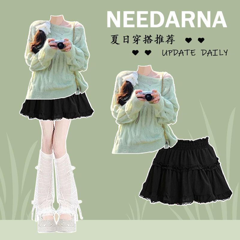 Fashionable Outfit # Mint Green Hollow-Out Knit Top Paired with a Sweet Ballet-Style Lace Trim Skirt.