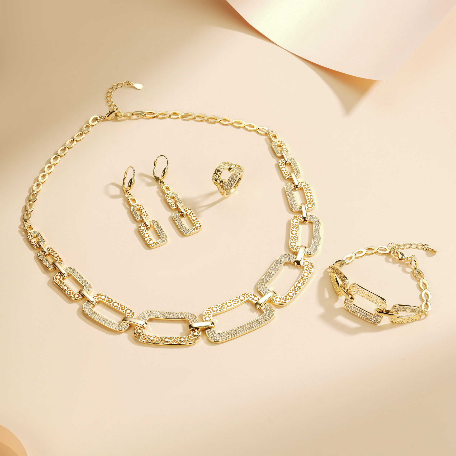 Hip-hop transfronterizo conjunto de joyas exageradas pulseras de bronce de aluminio anillo de brazalete pendientes collar de textura superior conjunto de cuatro piezas image 3