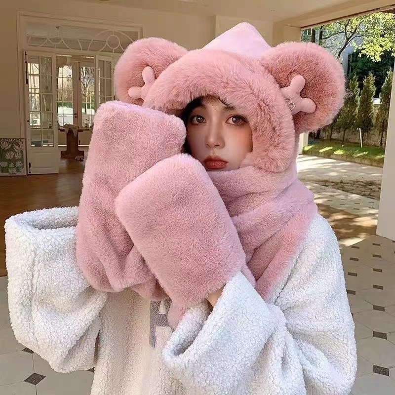 毛绒帽子女冬季围巾一体保暖加绒骑车围脖可爱防寒保暖护耳帽子|undefined
