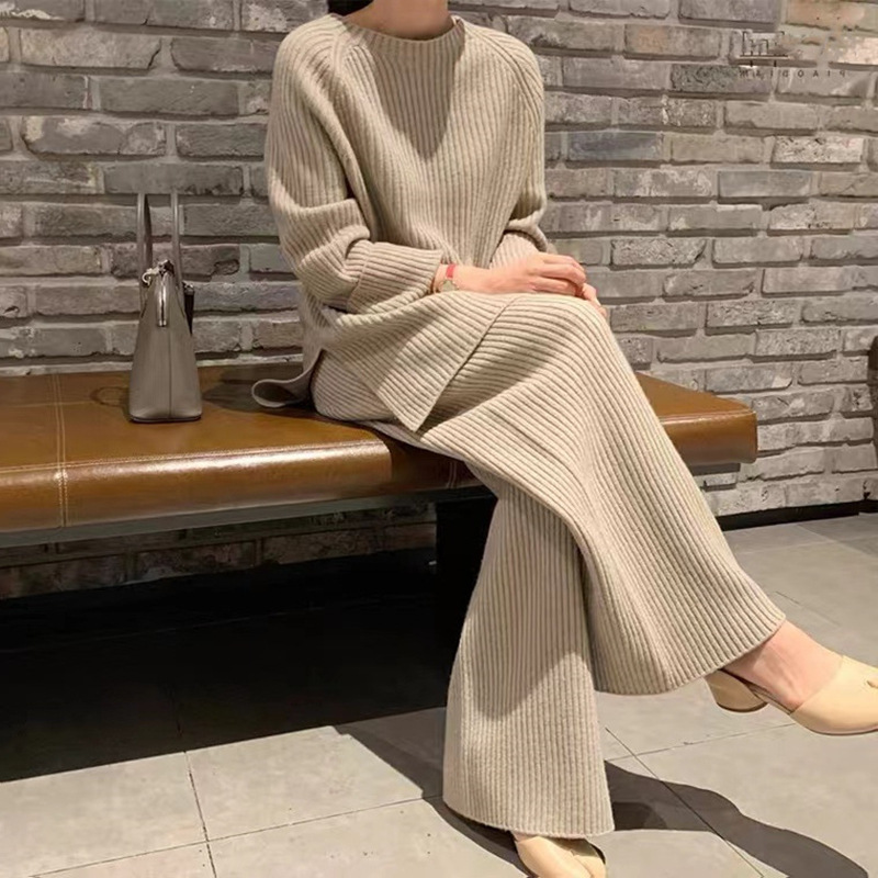 欧美跨境时尚针织套装女秋冬季新款开叉毛衣阔腿裤宽松休闲两件套|undefined