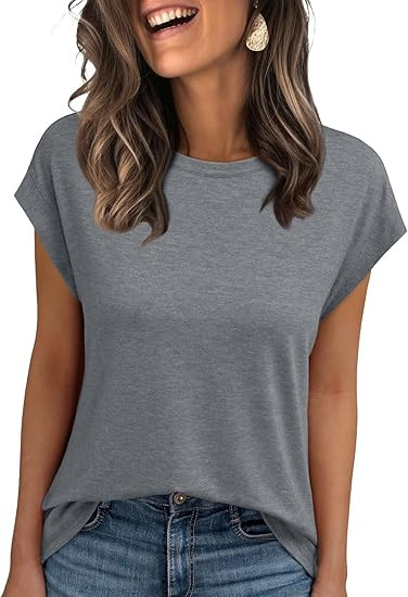 Amazon 2025 ヨーロッパとアメリカの女性のベスト夏クロスボーダーラウンドネック半袖 Tシャツ無地ラウンドネックカバースリーブ外国貿易女性|undefined