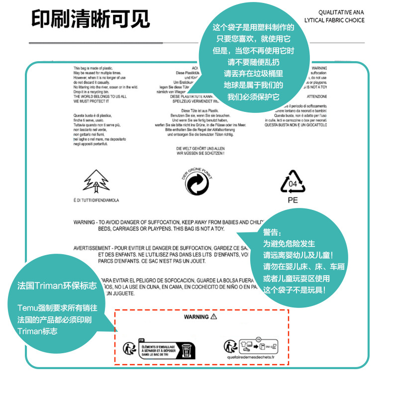 Palabras de advertencia Bolsa con cremallera Spot Seis países Palabras de advertencia Transfronterizo Amazon Temu Bolsa de embalaje Bolsas de advertencia
